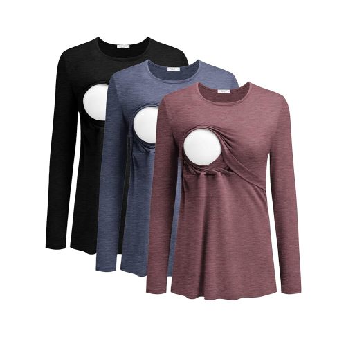 Ekouaer Women Long Sleeve Nursing Shirts 3 Pack Breastfeeding Round Neck Top Double Layer Maternity Tshirt Pregnancy Clothes