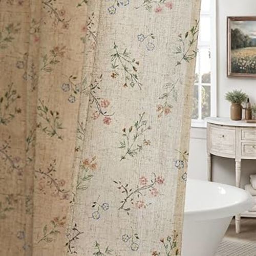 Floral Farmhouse Vintage Linen Shower Curtain, French Country Spring Shower Curtains for Bathroom, 72Wx72H