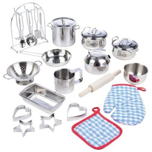 Constructive Playthings All-Play Stainless Steel Toy Cookware Set – 27-Piece Kids Kitchen Play Set with Pots, Pans & Utensils Ages 3+