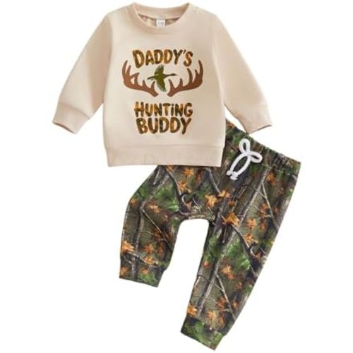 Bagilaanoe Toddler Baby Boy Outfit Daddy’s Hunting Buddy Long Sleeve Sweatshirt Pullover Tops and Pants Fall Clothes Set