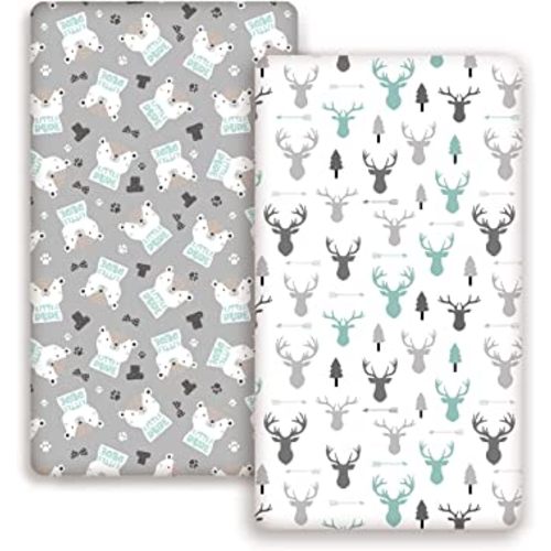 GRSSDER Stretchy Ultra Soft Jersey Knit Fitted Crib Sheets Set 2 Pack, Cozy Crib Sheet Fits All Standard Crib Mattress Pads, Grey Bear for Girls and Boys