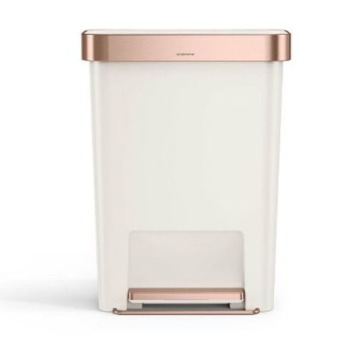 simplehuman 45L Rectangular Plastic Liner Rim Step Trash Can Cream with Rose Gold