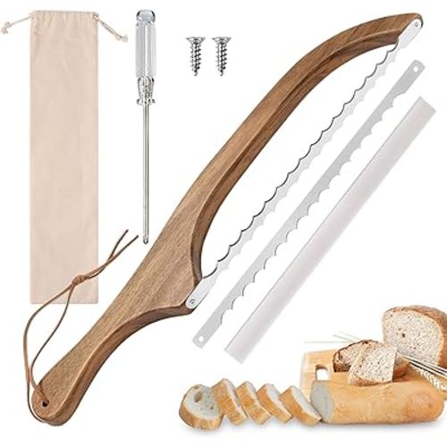 Bread Knife for Homemade Bread, Premium sourdough knife for Even Slices, Wooden Bread Cutter with Bow Design, Versatile Bread Slicer for Homemade Bread, Baguettes, Artisan Loaves (Left and right hand)