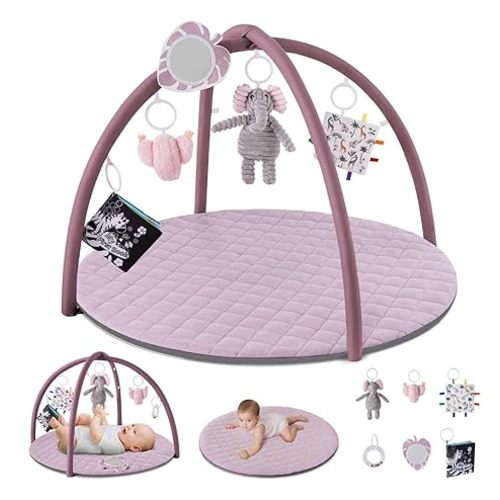 Blissful Diary Baby Play Gym Mat, Tummy Time Activity Mat with 6 Detachable Toys for Stage-Based Sensory & Motor Skill Development, Easy to Install & Clean, Baby Essentials Gift, Lavender Pink