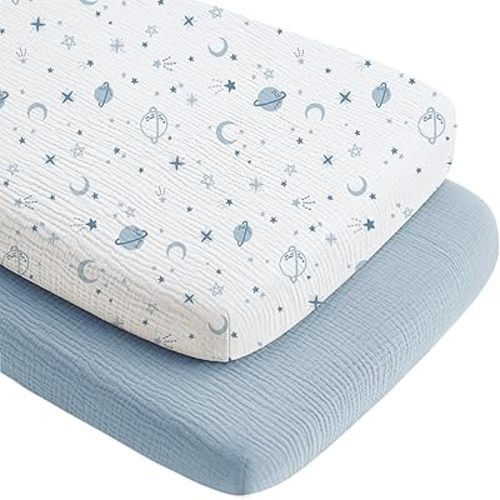 Konssy 2 Pack Muslin Bassinet Sheets for Baby Boy, 100% Cotton Soft Bedside Sleeper Bassinet Sheets, Compatible with Baby Delight, Dream On Me, AMKE and Other Rectangle Mattress (Star,Blue)
