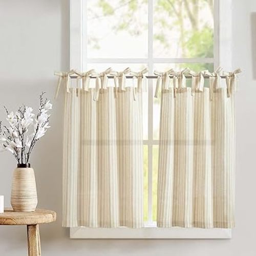 jinchan Tie Top Linen Kitchen Curtains 24 Inches Striped Tier Curtains Farmhouse Modern Cafe Style Small Window Treatments Airy Light Filtering Rod Pocket for Living Room Bathroom 2 Panels Beige