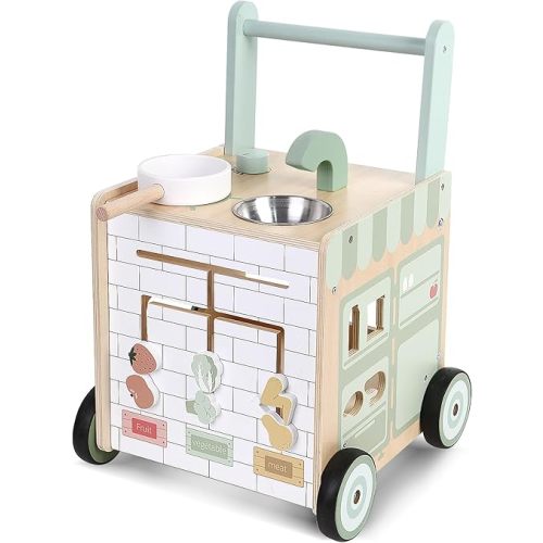 Asweets 8 in 1 Wooden Play Kitchen Baby Walker Push and Pull Learning Activity Walker for Boys and Girls with Bakery Kitchen,Shape Sorter and Movable Slider