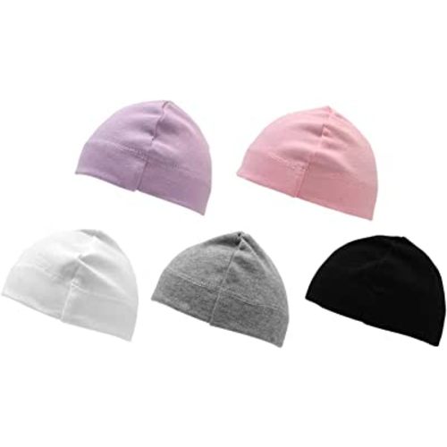 Betty Dain Jersey Knit 5 Piece Infant/Baby Cap, Set of 5 Soft Baby Beanies, Assorted Colors, 100% Cotton Stretch, Girls, Machine Washable, Grey/White/Black/Violet/Pink