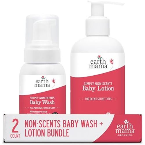 Earth Mama Simply Non-Scents Baby Wash & Lotion Bundle - Fragrance Free Castile Soap Body Wash 6.27oz + Calendula Baby Lotion 8oz - Sensitive Skin & Newborn Skin Care with Coconut Oil, Shea Butter