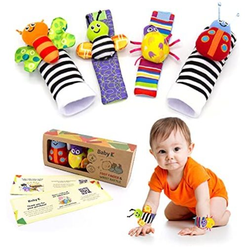BABY K Infant Wrist Rattles and Socks Toy (Set E) - Wrist Ankle Rattles and Foot Rattles - Baby Rattle Socks for Boys & Girls - Newborn Gift for 3-6 Months, 0-3 or 6-9 Months Babies