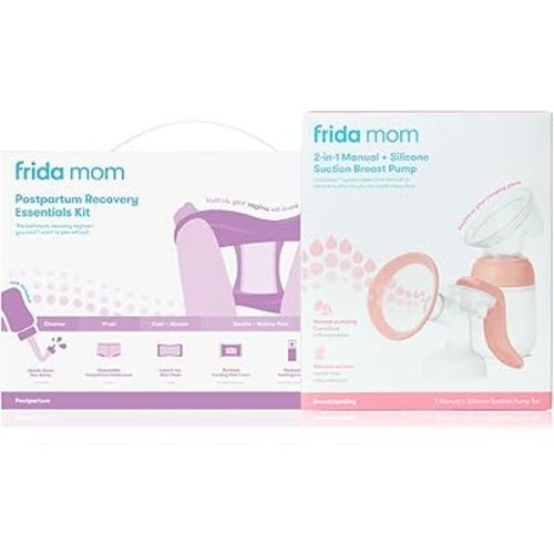 Frida Mom Postpartum Recovery Essentials Kit and 2-in-1 Manual Breast Pump Bundle, 11pc Gift Set + Hands-Free Silicone Suction Cup Milk Collector and SoftFeel Flange for Breastfeeding