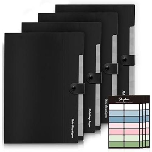 SKYDUE Expanding File Folders with Labels,8 Pockets Accordion File Organizer, Portable Document Paper Organizer, A4 Letter Size Filing Folder for Office, Pack of 4, Black
