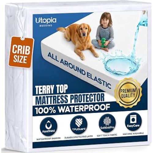 Waterproof Crib Size Mattress Protector fits Upto 5" deep Mattresses | Utopia Bedding 200 GSM Soft & Breathable Mattress Cover, Dirt-Proof, Noiseless, Machine Washable Fitted Sheet Style, White