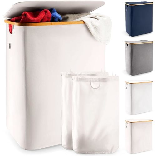 LONBET Laundry Basket with Lid, Made from Breathable Fabric | Aesthetic Clothes Hampers for Laundry with Side Handles & Sturdy Bamboo Frame (40 Gallons - Double, Beige)