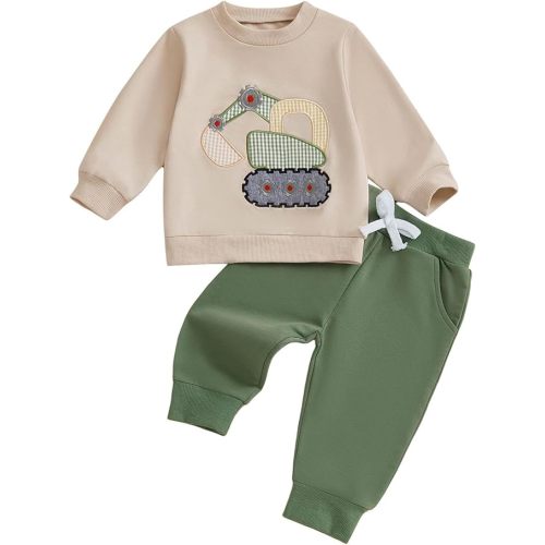 FOCUSNORM Toddler Baby Boy Fall Winter Outfit Excavator Embroidered Long Sleeve Sweatshirt Elastic Jogger Pant 2 Pcs Clothes