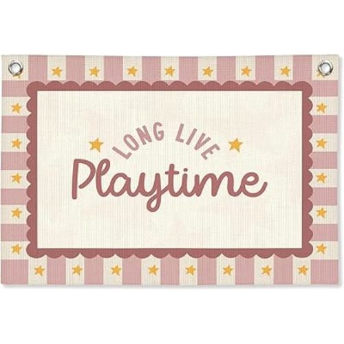 Playroom Wall Decor,Long Live Playtime Linen Canvas Banner,Pink Toddler Playroom Decor Kids Room Nursery with Star Pattern Wall Decor for Toddler Girls Toy Room Bedroom,30x20 Inch