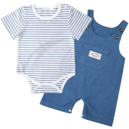 Baby Boys Bodysuit Summer Clothes Set 2-pcs Striped Romper & Overalls Shorts Set Jumpsuit 0-12 Months