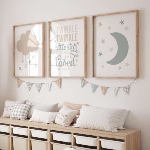 Neutral Cloud Moon Twinkle Twinkle Little Star Set of 3 Prints or Canvas, Boy Nursery Decor, Boho Kids Room Decor, Printable Nursery Picture