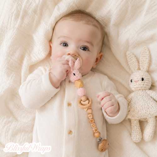 Personalized Pacifier Clip, Crochet Bunny Pacifier Clip, Custom Baby Gift, Wooden Pacifier Holder, Baby Shower Gift, Newborn Gift
