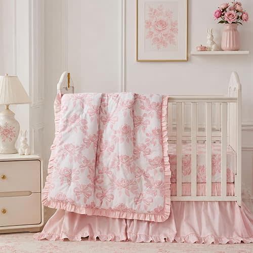 Brandream Organic Cotton Crib Bedding Set for Girls 3 Pieces Baby Boho Ruffled Quilted Comforter with Fitted Sheet, Bed Skirt - Cute French Cottage Botanical Rose Bow Baby Bedding, Light Pink