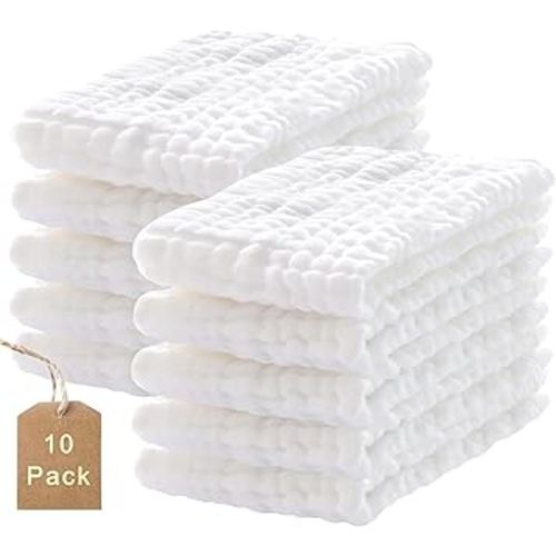 10-Pack Burp Cloths,100% Cotton Muslin Thickened Baby Burp Cloths Super Soft and Absorbent, Newborn Towels 20" x 10"(White)