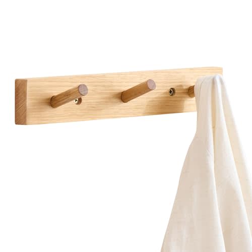 Wall Mounted Coat Rack 12 inches, Hickory Wood Wall Coat Hooks with 3 Hooks, Wooden Coat Hanger for Hanging Clothes Robes Towels Hats, Natural