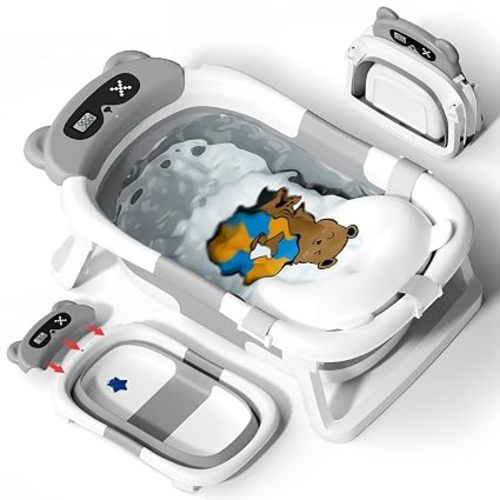 AVIDOR Baby Bathtub,Collapsible Baby Bathtub for Newborn to Toddler,Durable Essential Infant Bath Tub,Portable Travel Baby Tub with Soft Bath Net,No-Slip Feet and Dinosaur Shaped (Grey)