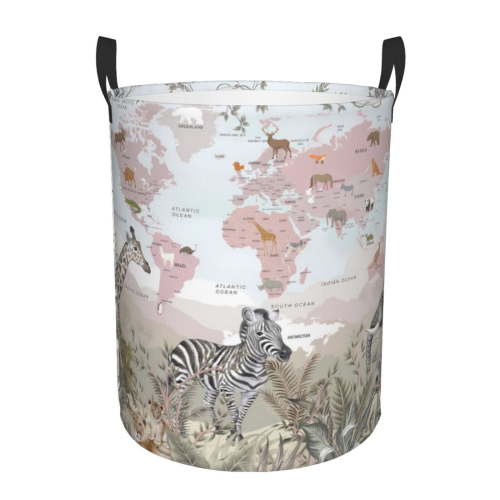 Large Laundry Basket with Handles - World Map With Safari Animals Baby Kids Dirty Clothes Laundry Hamper