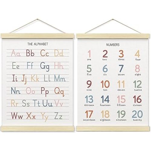 BONETAT Numbers alphabet poster for Nursery Toddlers, Play Room Wall Decor, ABC Wall Chart, Wall Hanging Decor for Toddler Playroom Decor Kids Wall Decor, Wooden Alphabet Banner-A02