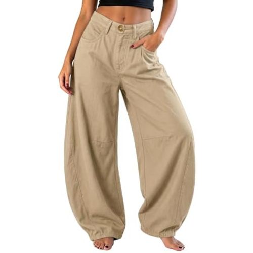 EXLURA Womens Faux Linen Barrel Pants Baggy Wide Leg Palazzo Pant Summer Cotton Lightweight Elastic Waist Trousers Pockets