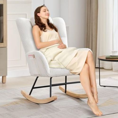 Modern Nursing Rocking Chair ¨C Upholstered Glider with High Back & Side Pocket for Nursery, Breastfeeding, Living Room, Beige White