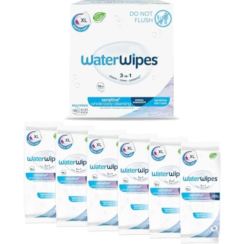 WaterWipes Sensitive Whole Body Cleansing Wipes, 99.9% Purified Water, XL Textured Wipes, Incontinence Care, Fragrance Free, 180 Count