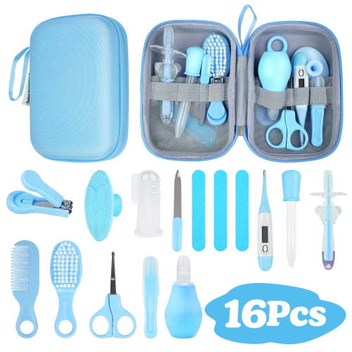 Qissep Baby Healthcare and Grooming Kit,16 in 1 Baby Grooming Kit with Nail File,Hair Brush Comb,Toothbrush,Nasal Aspirator,Baby Essentials Kit for Newborn Girls Boys,Blue