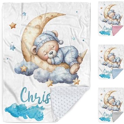 Customized Baby Blanket, Personalized Newborn Blankets with Name, Soft Receiving Blanket for Boys Girls, Blue Bear Double Layer Dotted Swaddle, Nursery Toddler Baby Shower Infant Gifts(30"x40")