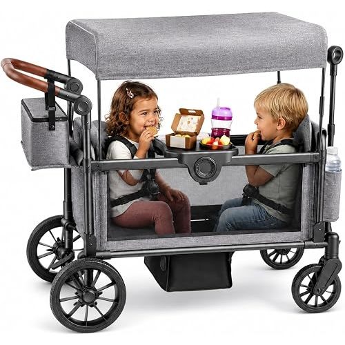 Wagon Stroller for 2 Kids, Foldable Stroller Wagon, Canopy and Tray