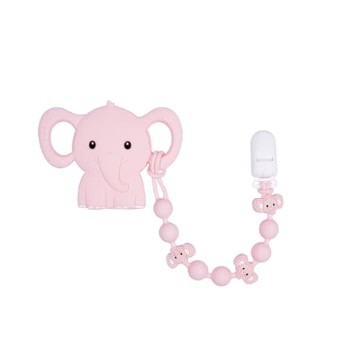 Cute Animal Baby Food Grade Silicone Teether Toy with One Piece Design Pacifier Clip Holder,Teething Pain Relief Toys Gift Set for 3 Months+ Boys and Girls,Freezer Safe,BPA Free (Elephant)