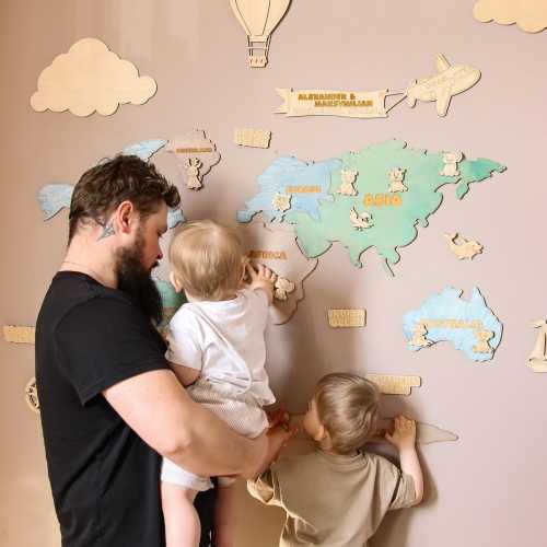 Custom Playroom Wall Decor - Kids World Map & Animals, Wooden decor baby room, Safary nursery decor girls boys room. personalized gift WMA1