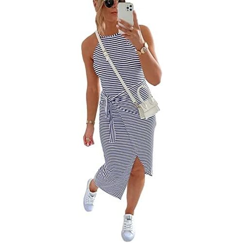 NOLLSOM Women Casual Sleeveless Striped Tank Midi Dresses Halter Neck Ruched Bodycon Dresses Tie Waist T Shirt Summer Dress