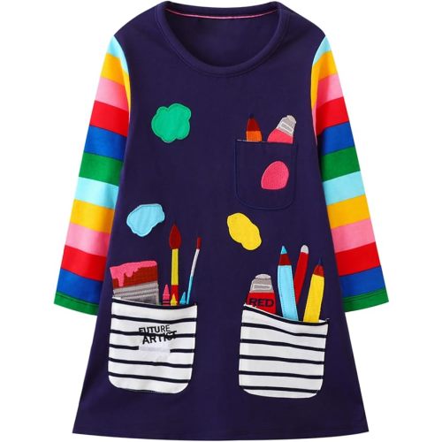 FreeLu Toddler Girls Cartoon Applique Dresses Striped Casual Dress Cotton Jersey Longsleeve T-Shirt