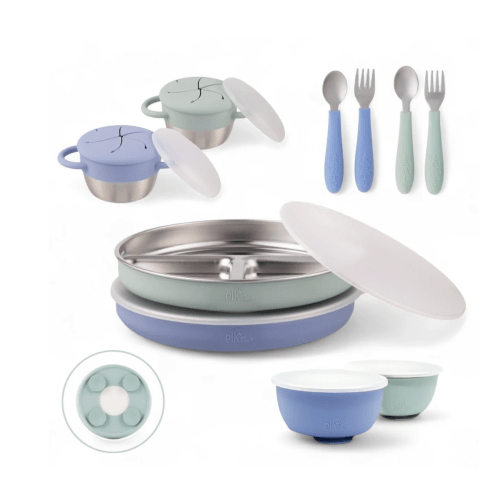 Stainless Steel Mealtime Bundle | Plates, Bowls, Snack Cups + Toddler Utensils | Suction Sleeves | Sage/MistyBlue