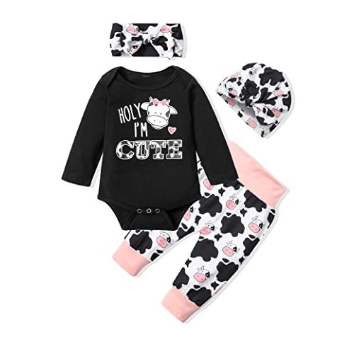 KANGKANG Newborn Baby Girl Clothes Hi I'm New Here Newborn Outfit Infant Romper Floral Pants Cute Baby Girl Outfits 4PC Set
