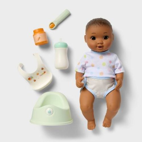 14" Drink and Wet Baby Doll - Dark Brown Hair + Brown Eyes - Gigglescape™: Includes Spoon, Bib, Potty Chair, Diaper