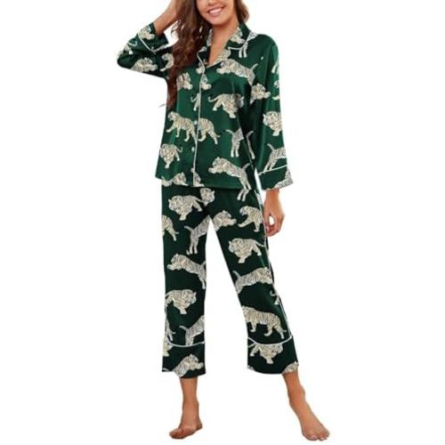 Brosloth Women's Silk Satin Pajamas Pjs Sets Cute Lace Pattern Two Piece Loungewear Set Button Up Pajamas Sleepwear Black