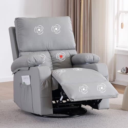 Zuacs Rocking Recliner Chair with Heat and Massage, 360° Swivel Rocker Recliners with Vibration, Manual Reclining Chair with Cup Holders and Side Pockets, Living Room, Nursery, RV, Grey