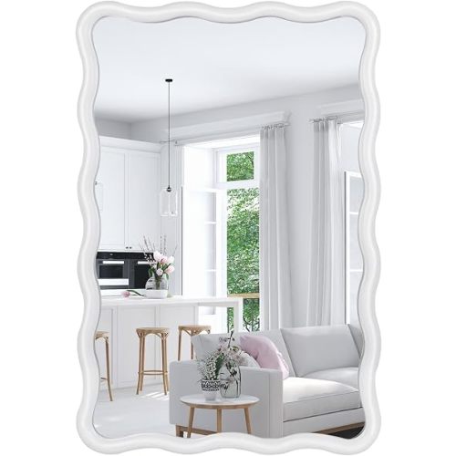 Wavy Rectangular Bathroom Mirror with Scalloped Metal Frame - White Decorative Mirror Modern Farmhouse Mirror for Vanity, Living Room, Entryway, or Hallway (White)