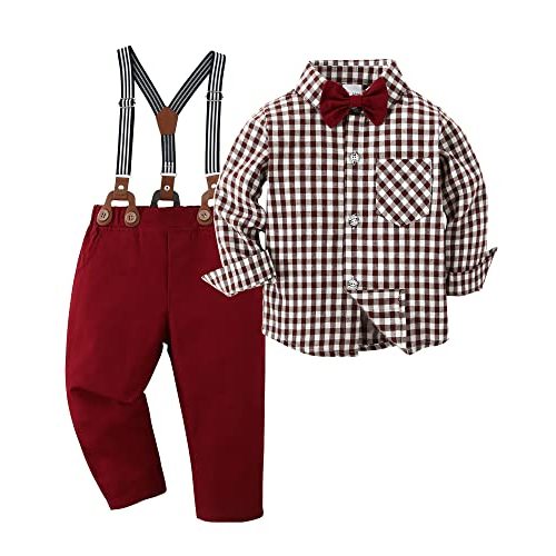 ZOEREA Toddler Baby Boy Suit Clothes Gentleman Wedding Outfits Long Sleeve Dress Shirt + Suspender Pants + Bowtie 1-5T