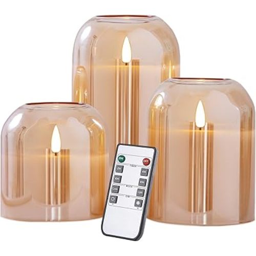 volnyus Gold Glass Flameless Candles with Remote Battery Operated Flickering LED Pillar Candles Real Wax 3D Wick Φ4 H 4" 5" 6"