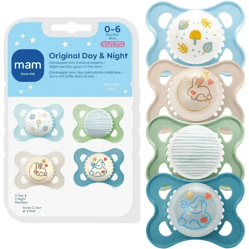 MAM Original Baby Pacifiers 0-6 Months, Binky for Newborn Babies, BPA-Free Skin Soft Silicone Nipple, Glows in The Dark, Developed with Medical Experts, 4 Count, Made in Europe