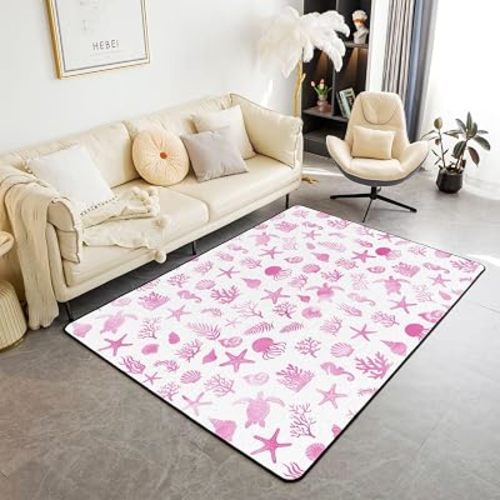 Feelyou Pink Ocean Creature Themed Area Rug 3x5 Polyester Seahorse Starfish Seashell Jellyfish Living Room Rugs for Bedroom Summer Coastal Beach Decor Carpet Indoor Floor Mat Soft Non-Slip