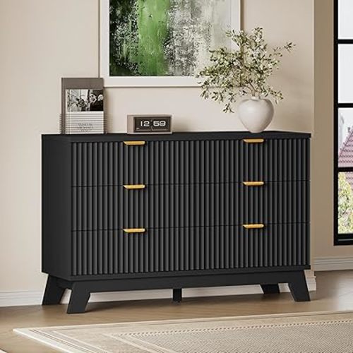 BORNOON Fluted 6 Drawer Dresser, 47.2" Wide Modern Boho Chest of Drawers, Wooden Storage Dresser TV Stand for Bedroom, Living Room, Closet, Hallway, Curved Profile Design